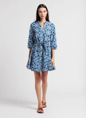 MAISON 123 ABIA - Vestido corto de algodón estampado con cuello de pico en azul