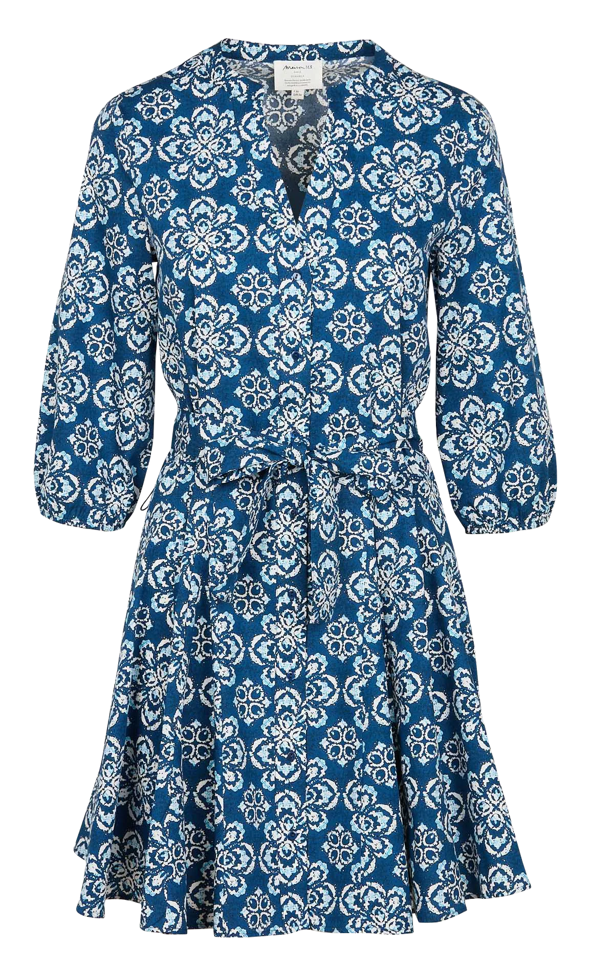 MAISON 123 ABIA - Vestido corto de algodón estampado con cuello de pico en azul