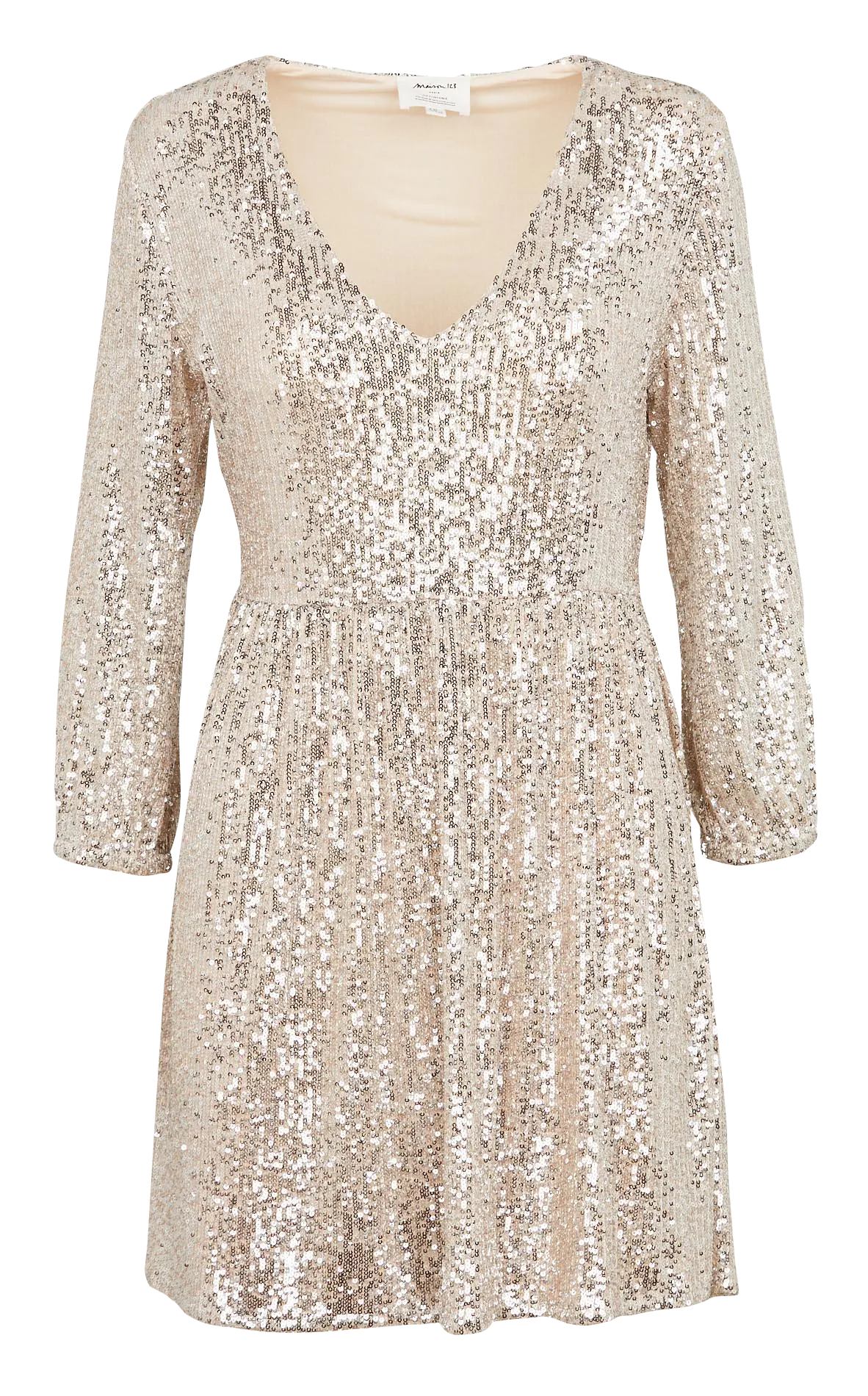 MAISON 123 CLARA - Vestido corto entallado de manga larga con lentejuelas en beige