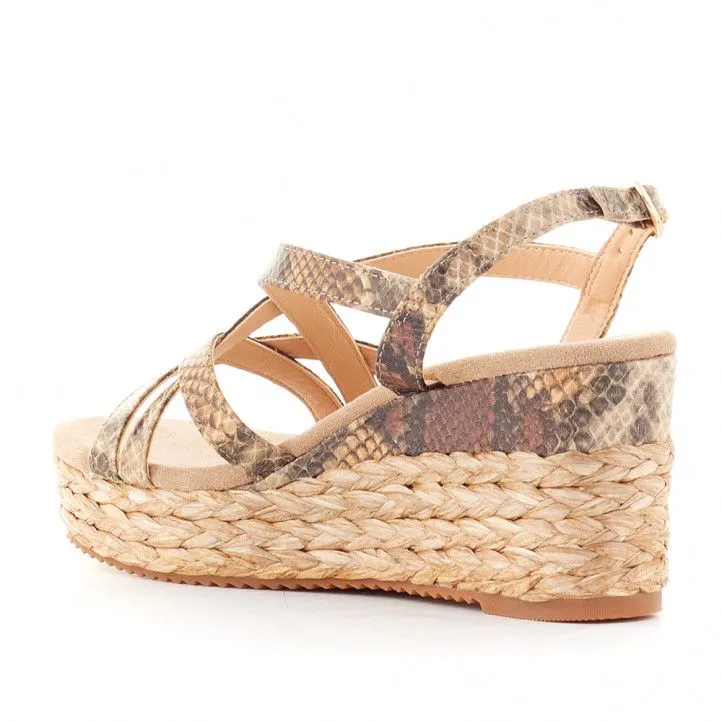 Sandalias cuña Alma Blue marrones con animal print en tiras